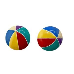 Oops A Daisy Vintage Enamel Multicolor Beach Ball Summer Metal 1" Stud Earrings